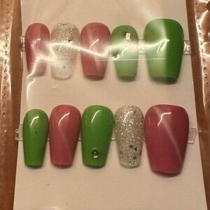 Press On Nails Green Pink Glitter Sparkle Short Fake Nails Manicure‎